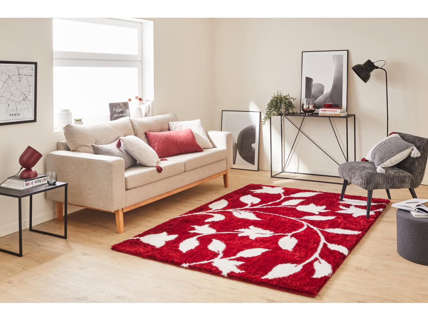 Tapis De Salon Rouge Fleurs Poils Long Doux Oslo 200x290