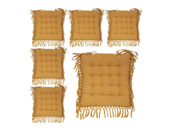 Lot De Galettes De Chaise En Coton Jaune Ocre Avec Franges Macram