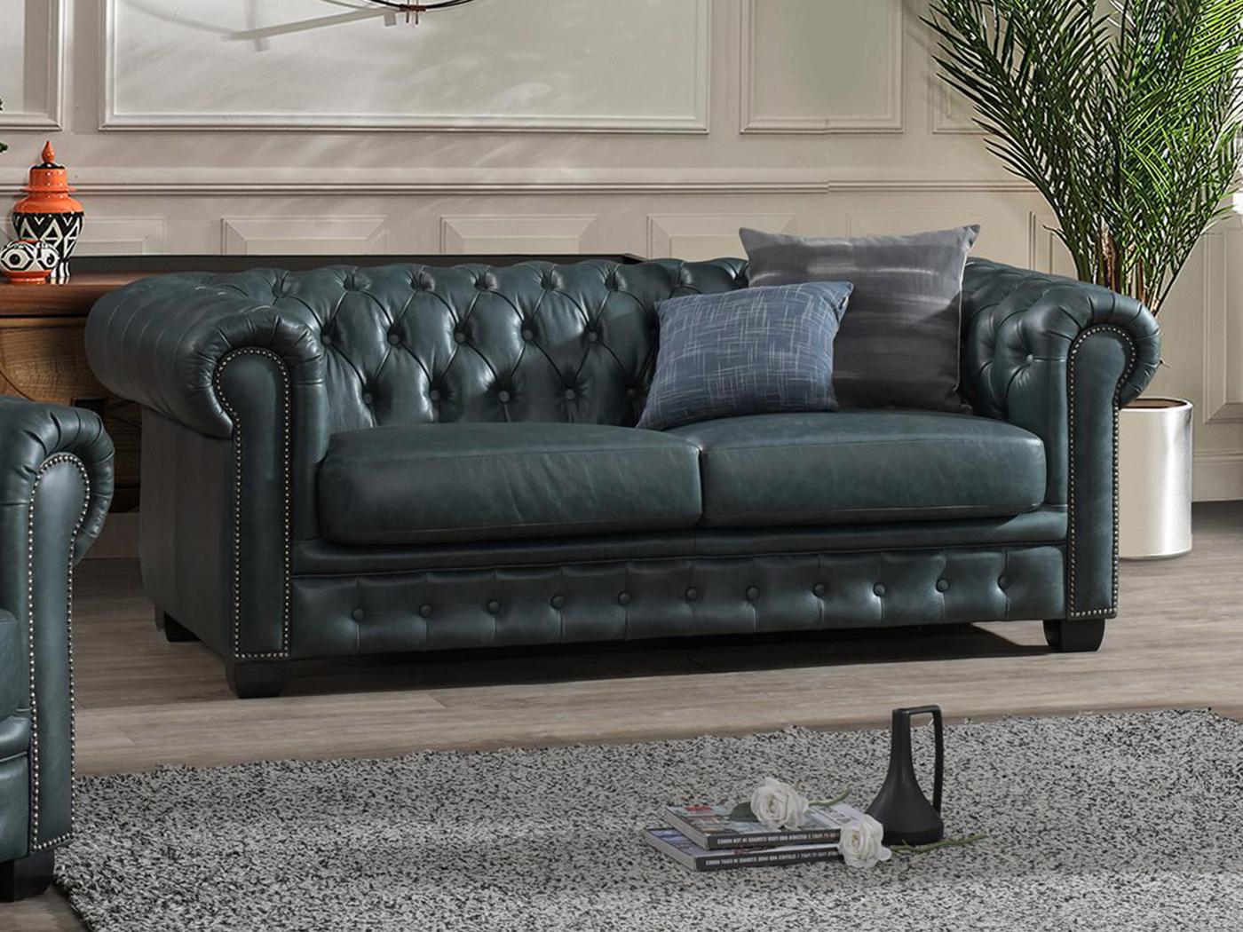 Canap Chesterfield Places Cuir De Buffle Premium Vert De Gris