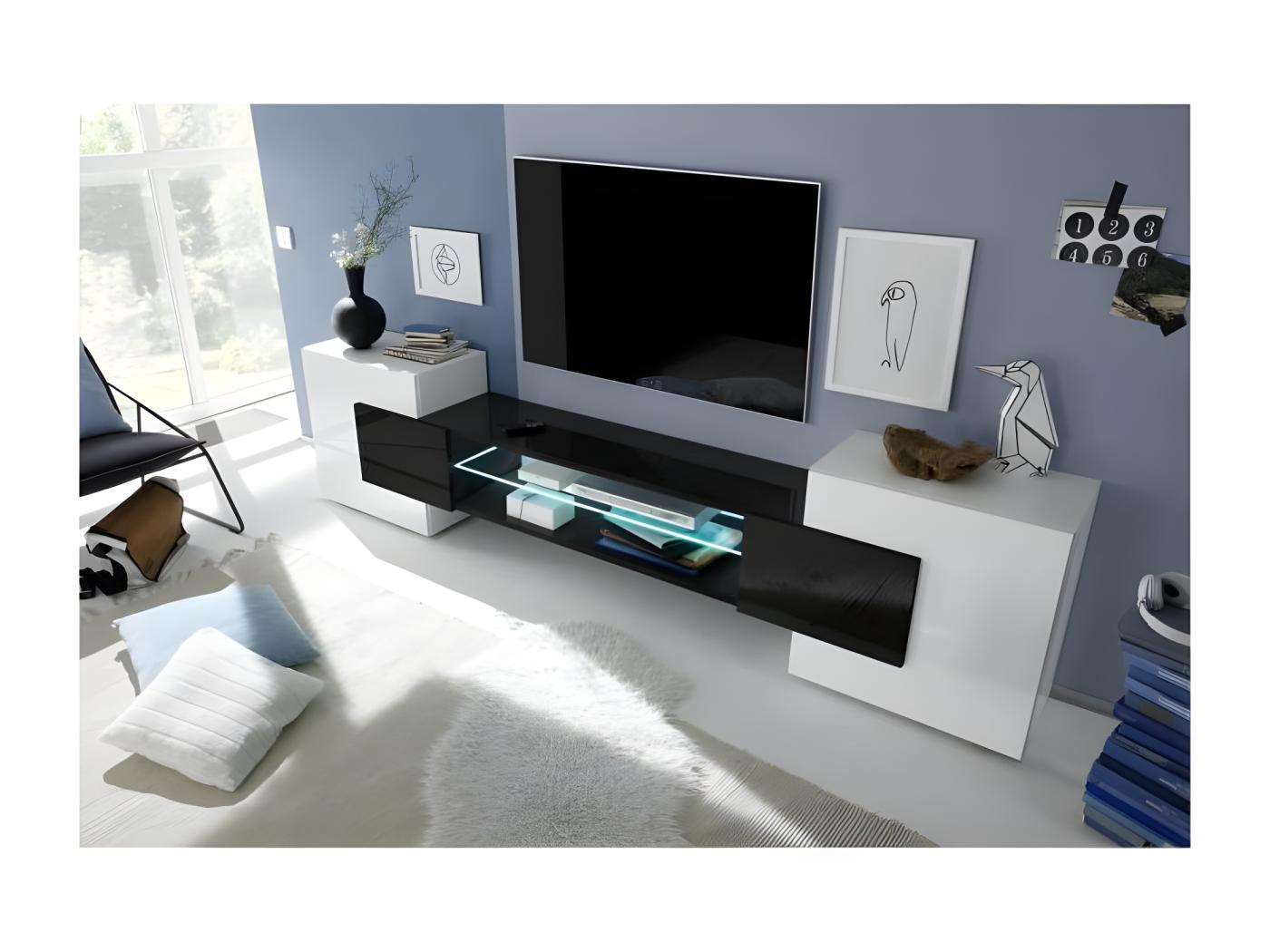 Meuble TV avec LED 2 portes Blanc laqué brillant et noir L 258 x P