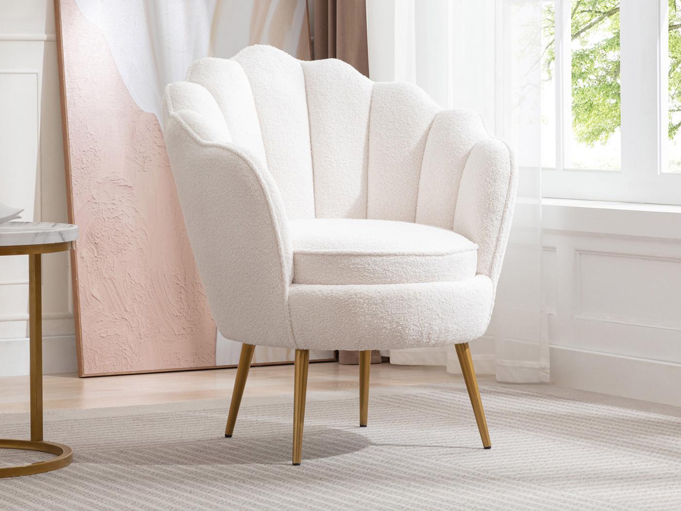 Fauteuil coquillage en tissu bouclette blanc pieds en métal LALEA