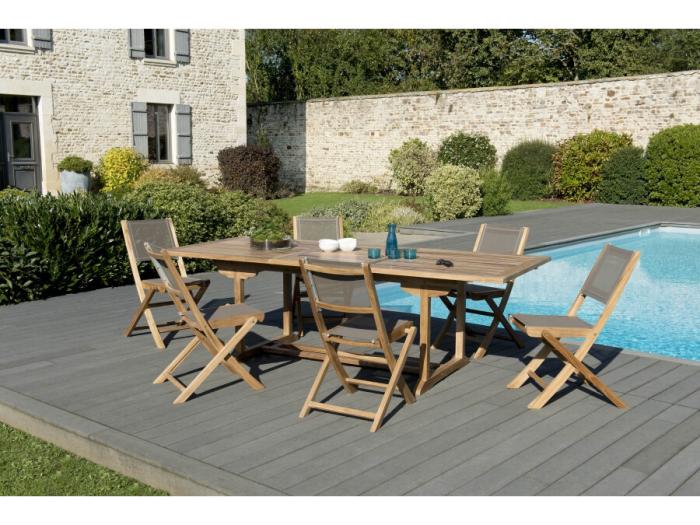 Salon De Jardin En Bois Teck Pers Table Rect Rallonges Chaises