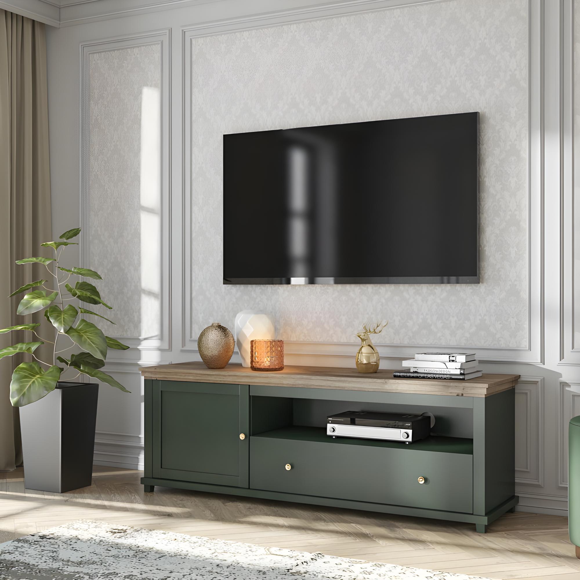 Meuble Tv Cm Collection Assia Coloris Vert Et Ch Ne Porte Et