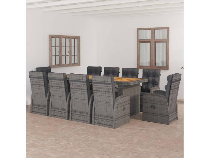 Set de comedor de jardín 11 piezas ratán sintético y cojines gris