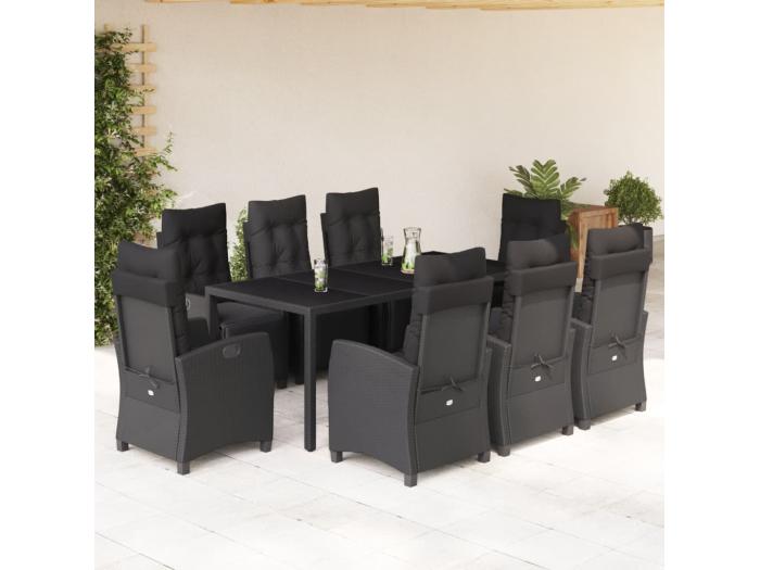 Set de comedor de jardín 9 piezas y cojines ratán sintético negro