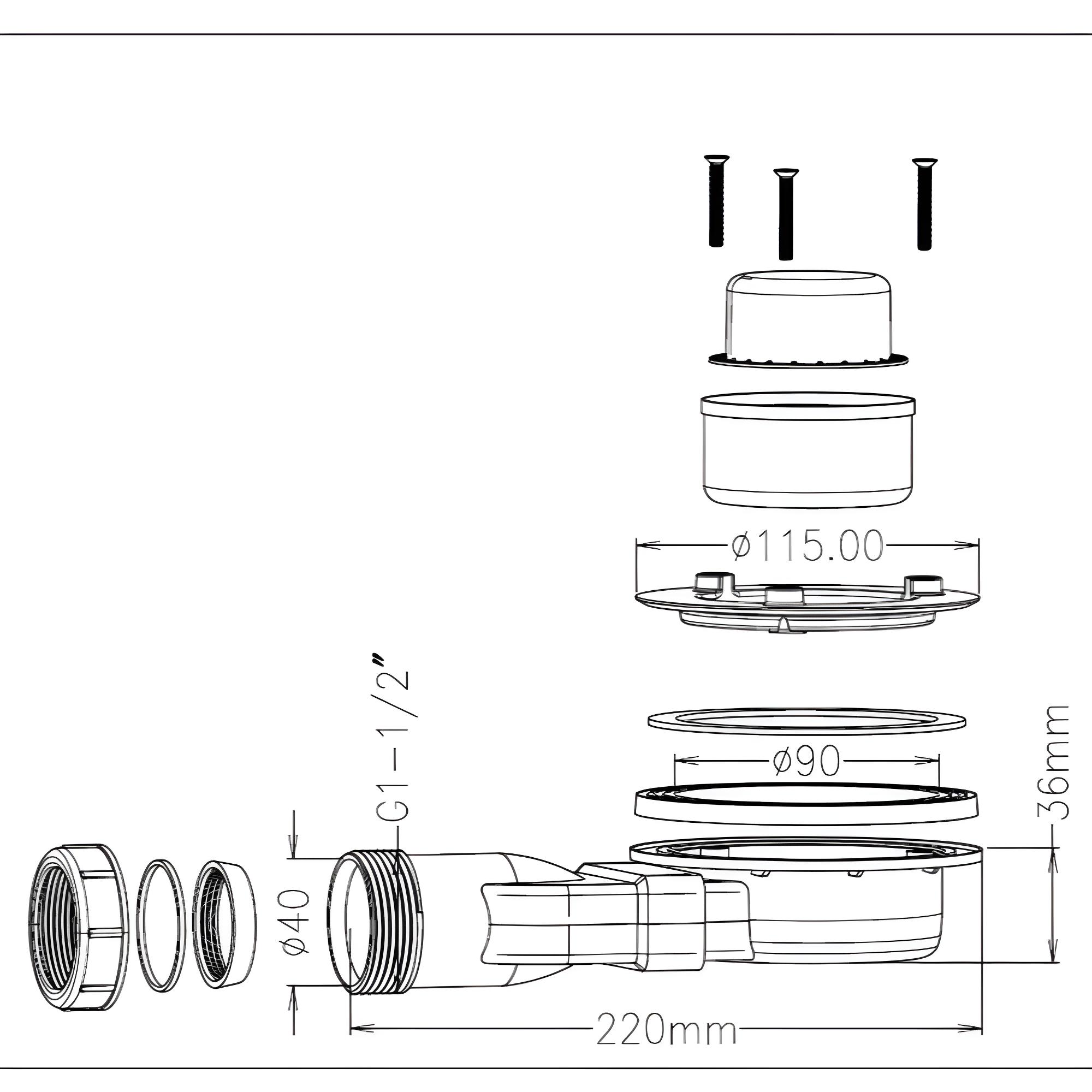 Bonde horizontale sans capot Ø90 BOSA pour receveurs de douche