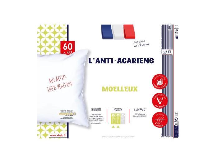 Oreiller L ANTI ACARIENS Aux actifs 100 végétaux 60 x 60 cm