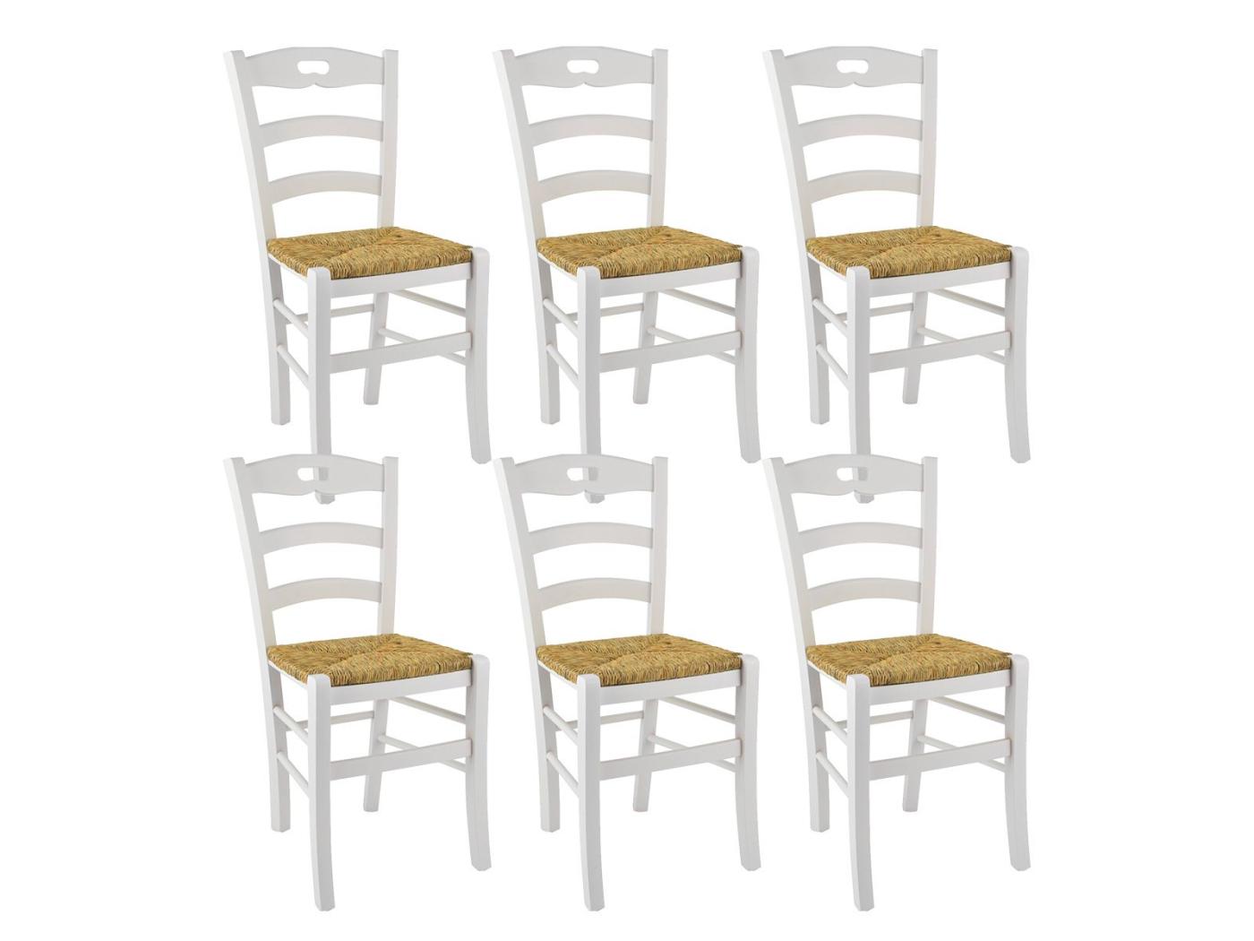 SUZY Lot de 6 Chaises Laquées Blanc et Assises en Paille