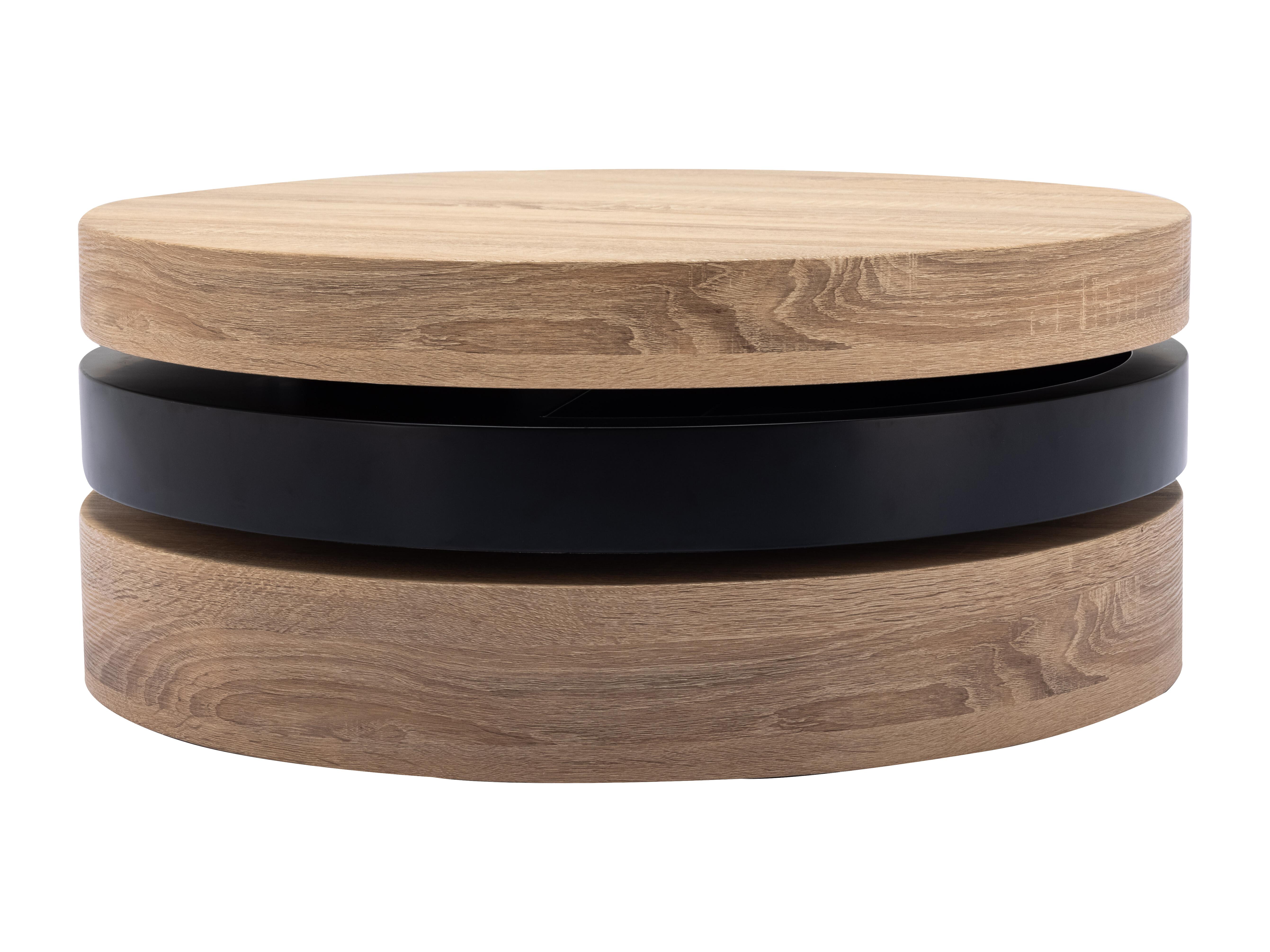 Table Basse Pivotante Ronde Avec 1 Niche En MDF Noir Et Naturel Clair