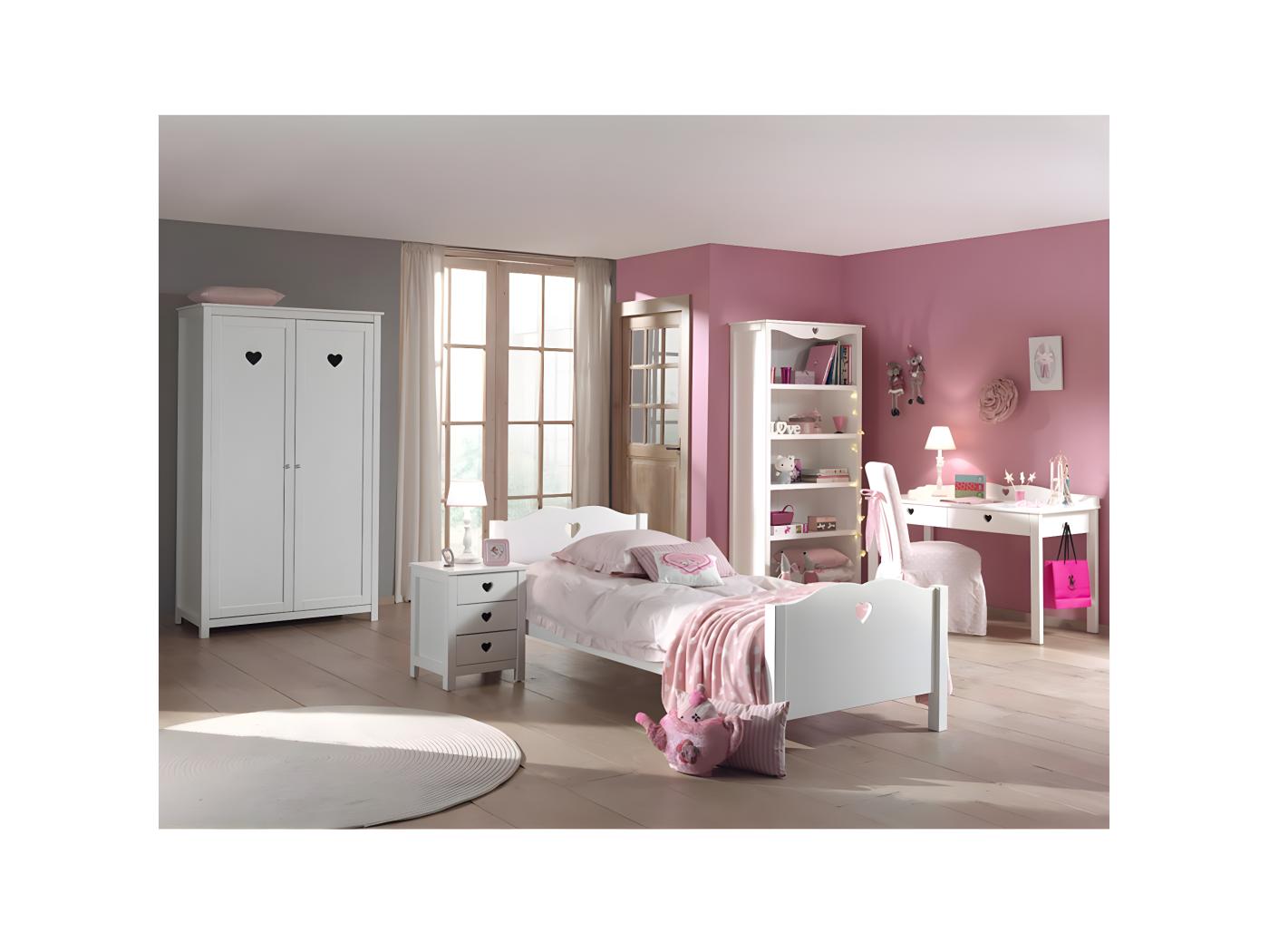 MILADY Lit 90x200cm Avec Sommier Chevet Armoire 2P Pack Bureau