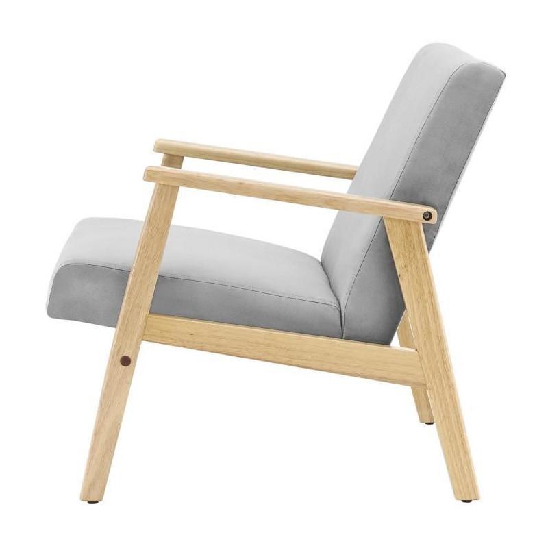 TULIO Fauteuil Scandinave Tissu Gris Et Bois Massif L 63 X P 78 X H