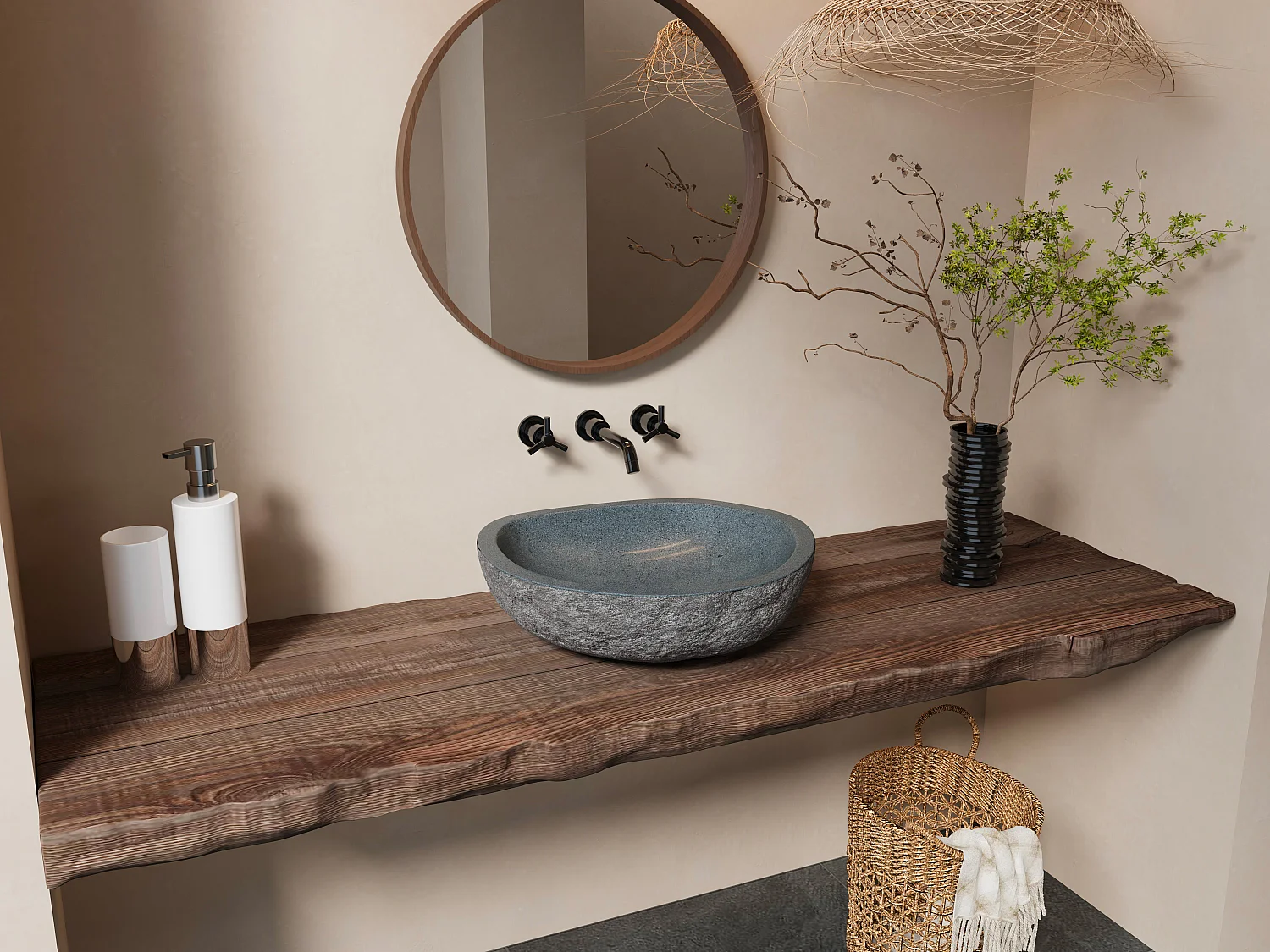 Vasque de salle de bain en pierre de rivière WATU - Couleur grise