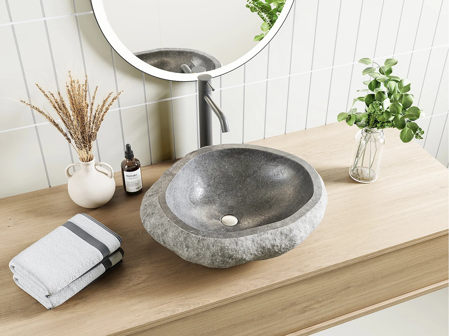 Badkamerwastafel van riviersteen STONE - Kleur grijs