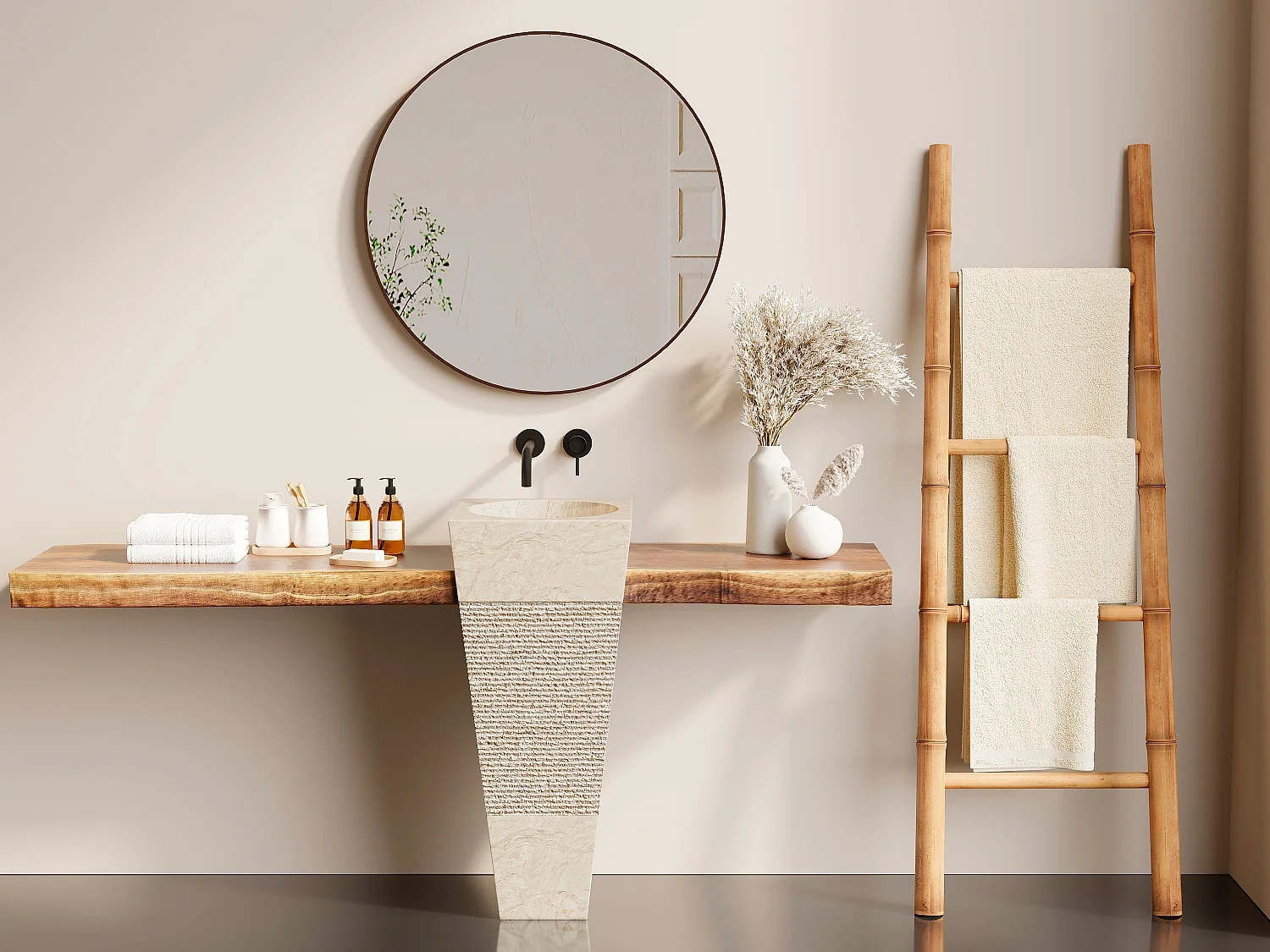 Vasque sur pied en marbre - MIDO - Couleur crème et grise