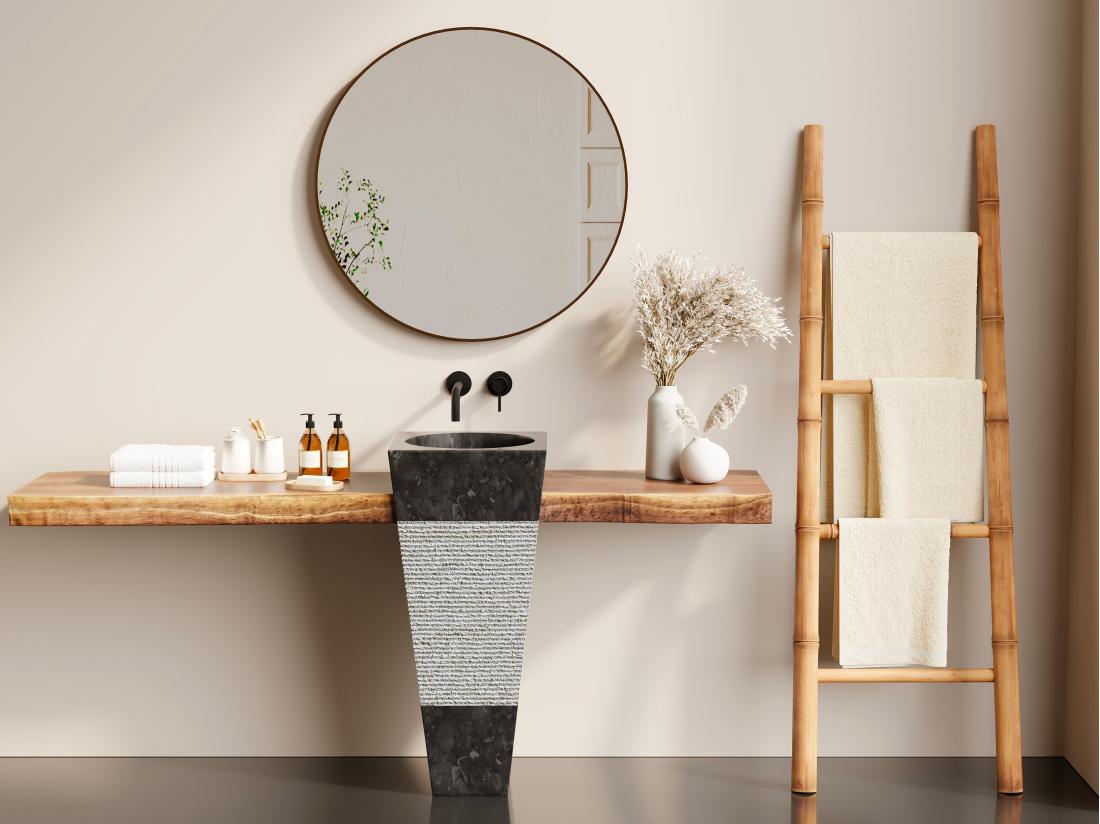vente unique Vasque sur pied en marbre MIDO - Couleur Noire et grise