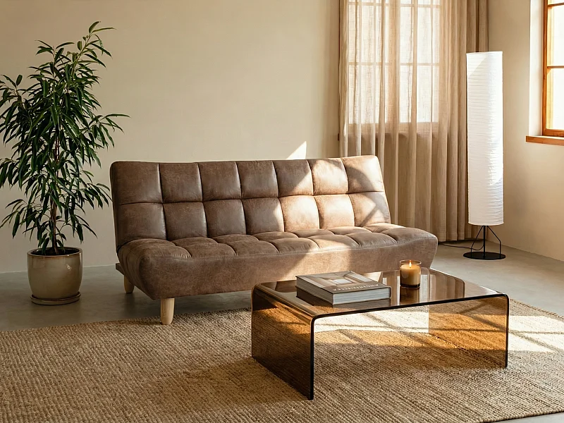 Canapé 3 places convertible clic clac en microfibre vieillie ESTEBAN - Marron vintage