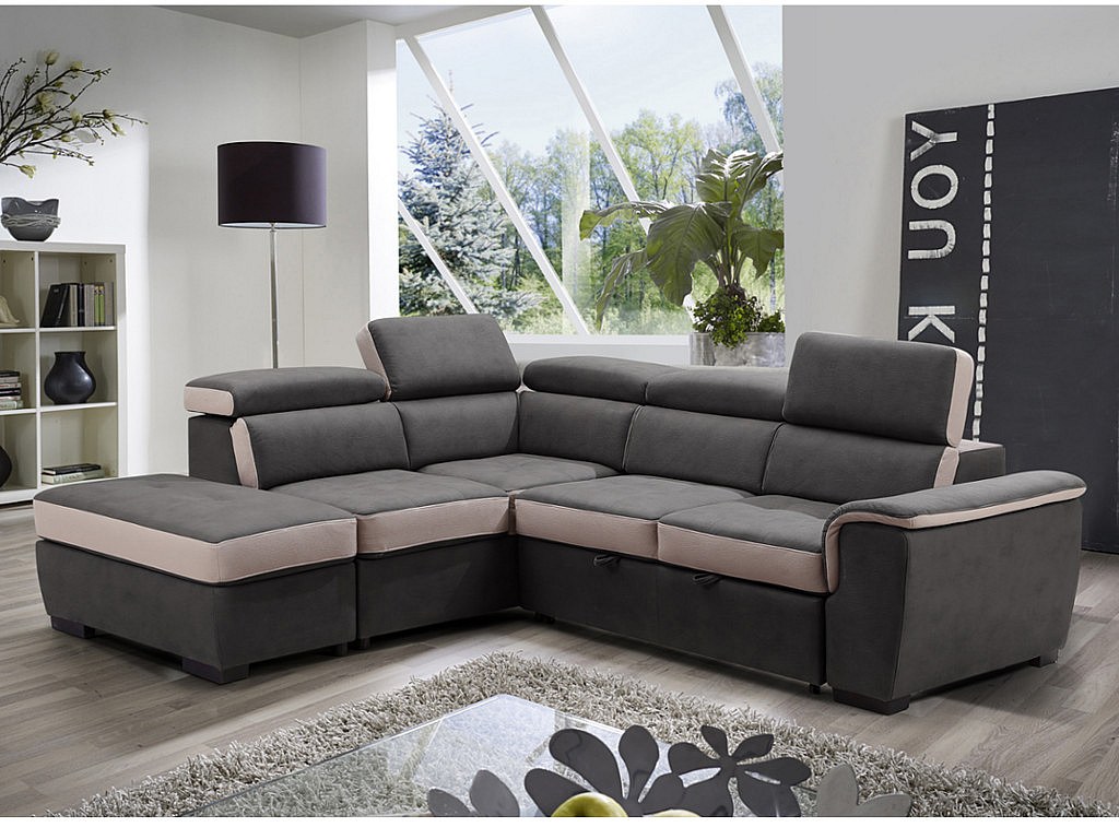 Ecksofa mit Schlaffunktion & Sitzhocker - Ecke Links - Anthrazit & Beige - DAYO