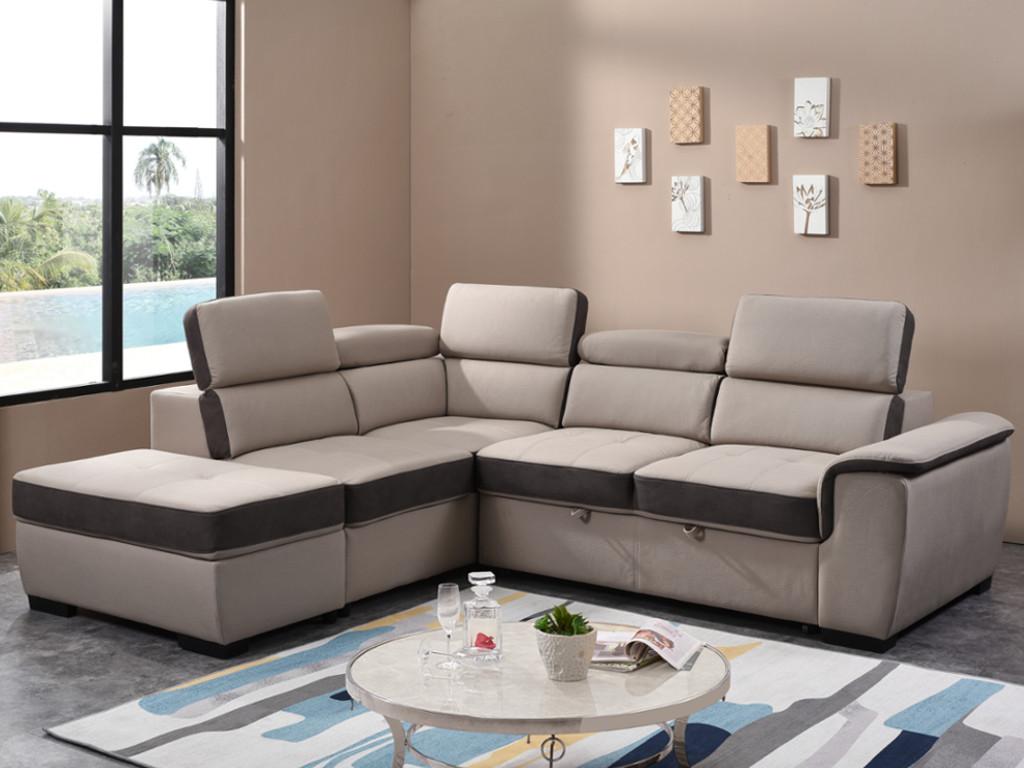 Ecksofa mit Schlaffunktion & Sitzhocker DAYO - Beige & Grau - Ecke Links