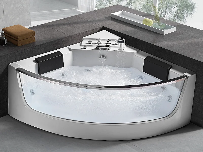 Baignoire balnéo d'angle vitrée - 2 places - 330 L - 138 x 138 x 59 cm - EVELINA