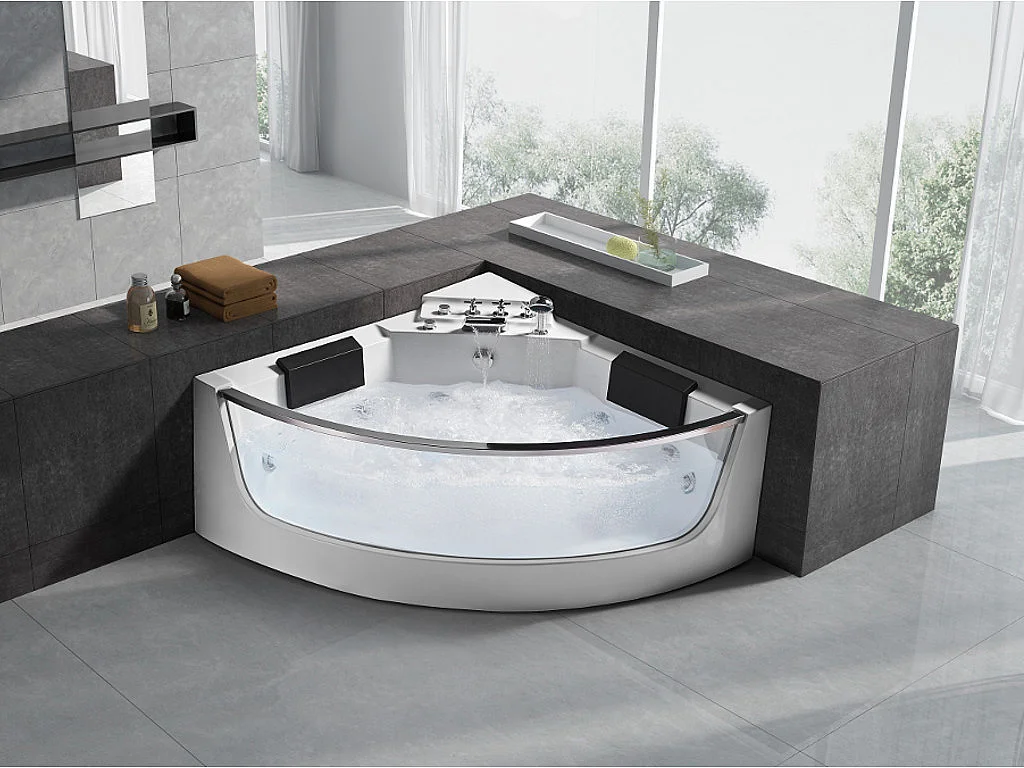 Baignoire balnéo d'angle vitrée - 2 places - 330 L - 138 x 138 x 59 cm - EVELINA