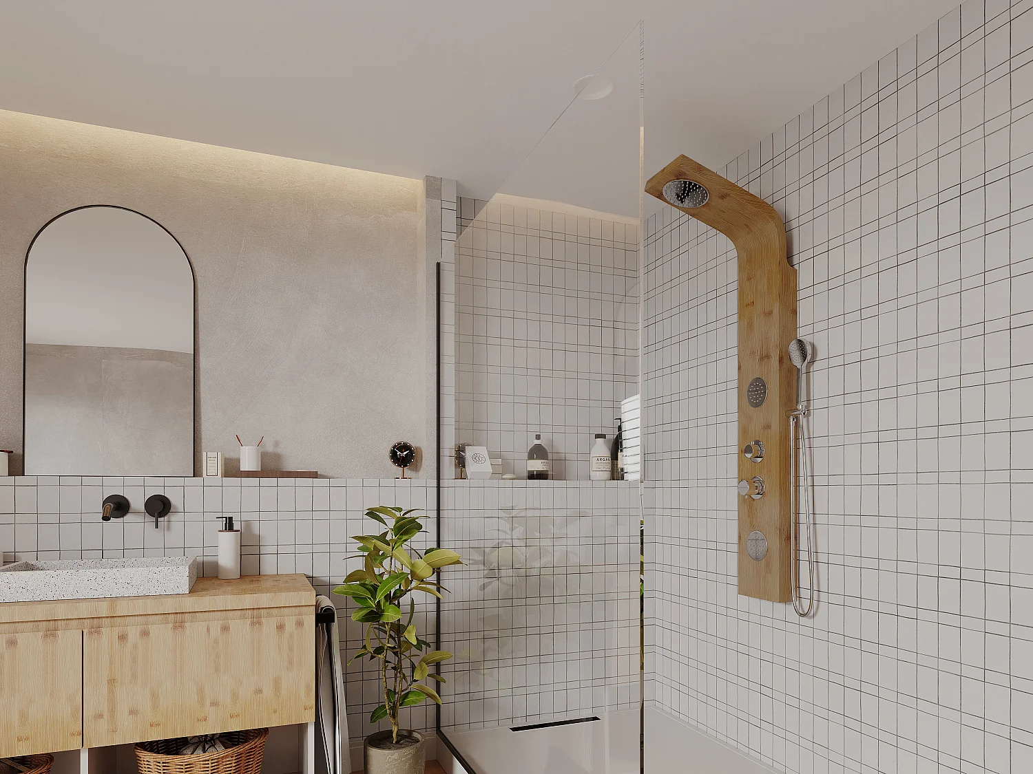 Colonne de douche hydromassante, pluie tropicale et panneau en bambou - 20*140 cm - TISSIA