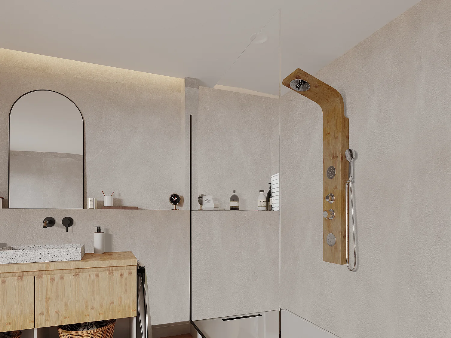 Colonne de douche hydromassante, pluie tropicale et panneau en bambou - 20*140 cm - TISSIA