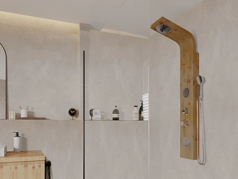 Colonne de douche hydromassante, pluie tropicale et panneau en bambou - 20 x 140 cm - TISSIA