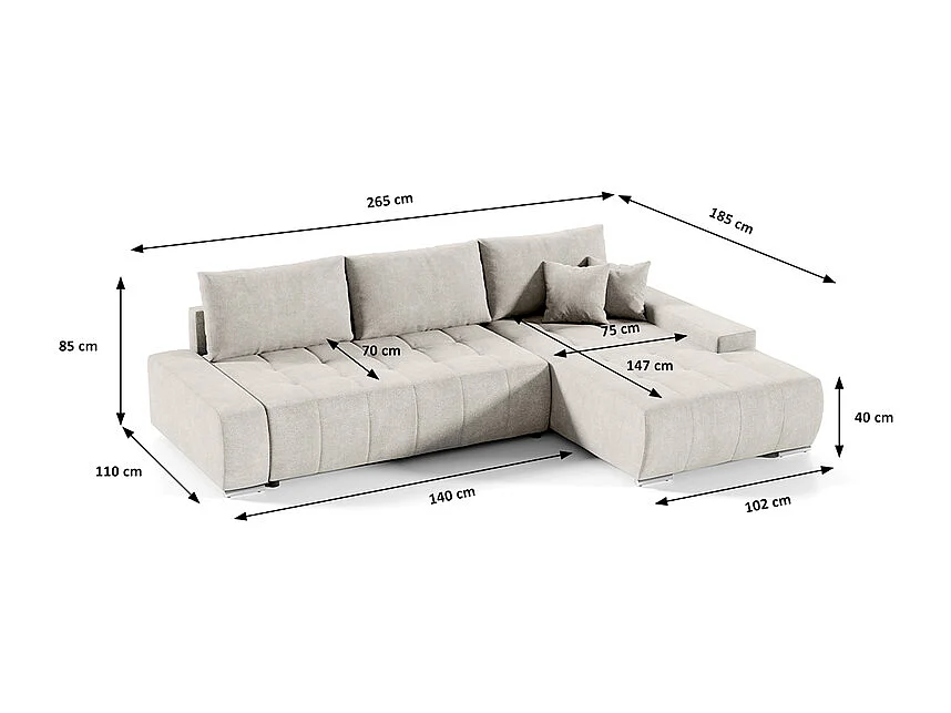 Canapé d'angle convertible droit 4 places avec coffre Jonas Crème