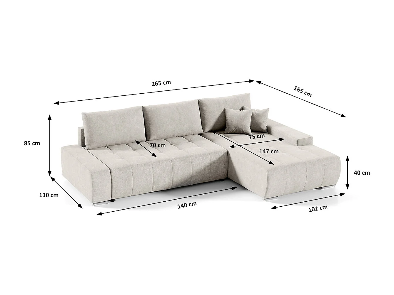Canapé d'angle convertible droit 4 places avec coffre Jonas Crème
