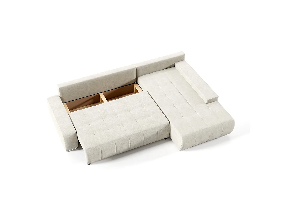 Canapé d'angle convertible 4 places avec coffre en tissu crème