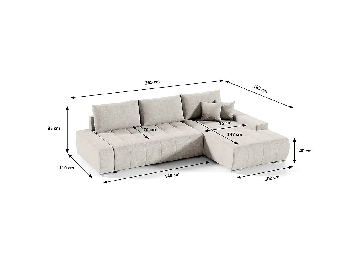 Canapé d'angle convertible 4 places avec coffre en tissu crème