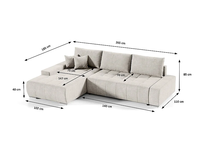 Canapé d'angle convertible gauche 4 places avec coffre Jonas Crème