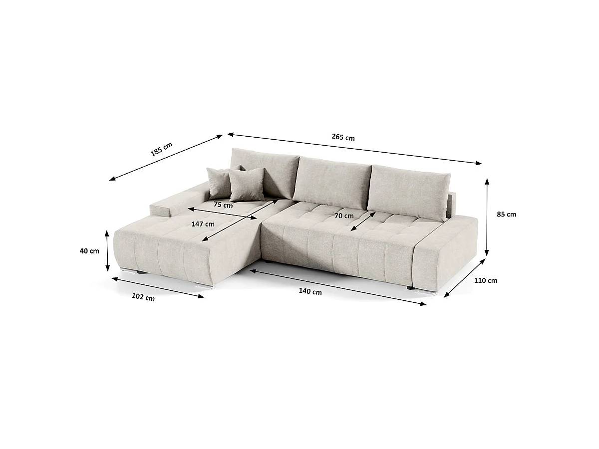 Canapé d'angle convertible 4 places avec coffre en tissu crème
