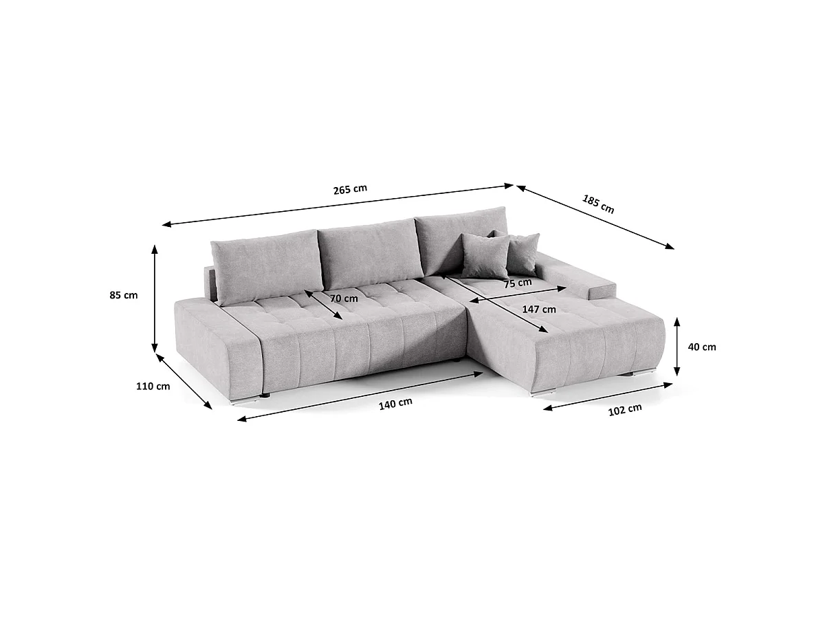 Canapé d'angle convertible 4 places en tissu gris clair JONAS