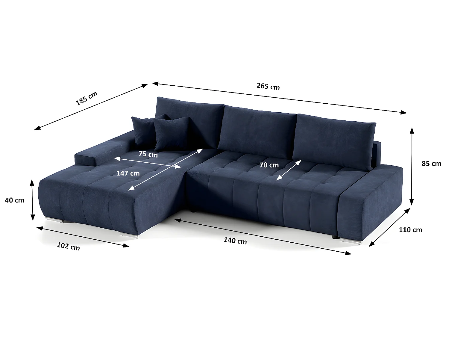 Canapé d'angle convertible gauche 4 places avec coffre Jonas Bleu Marine