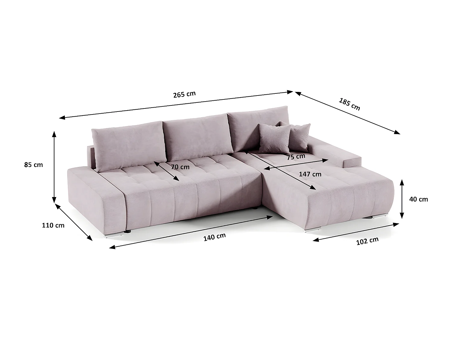 Canapé d'angle convertible droit 4 places avec coffre Jonas Rose