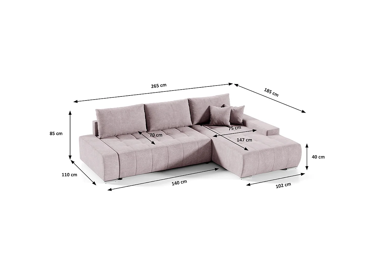 Canapé d'angle convertible 4 places avec coffre en tissu rose