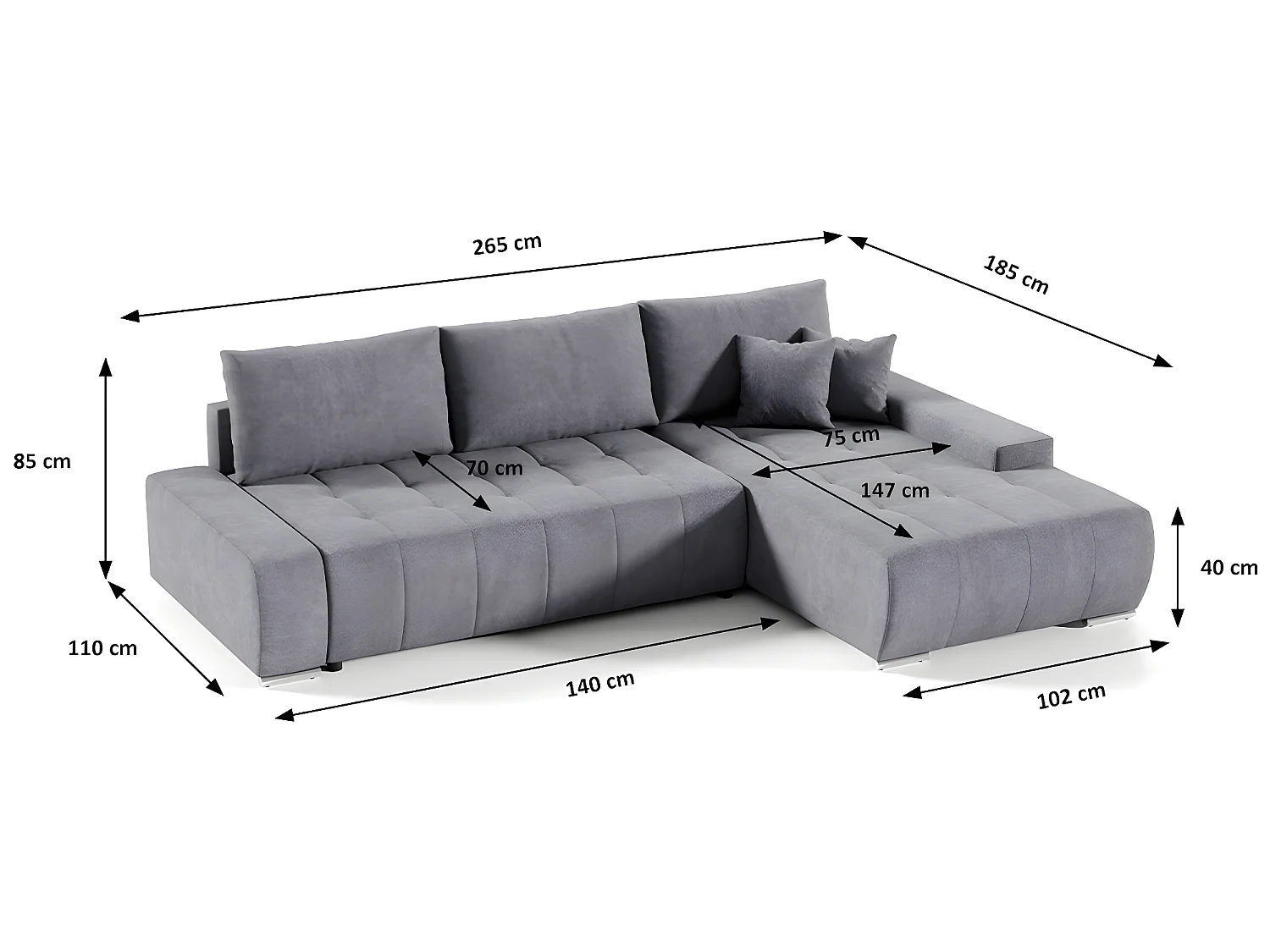 Canapé d'angle convertible droit 4 places avec coffre Jonas Gris foncé