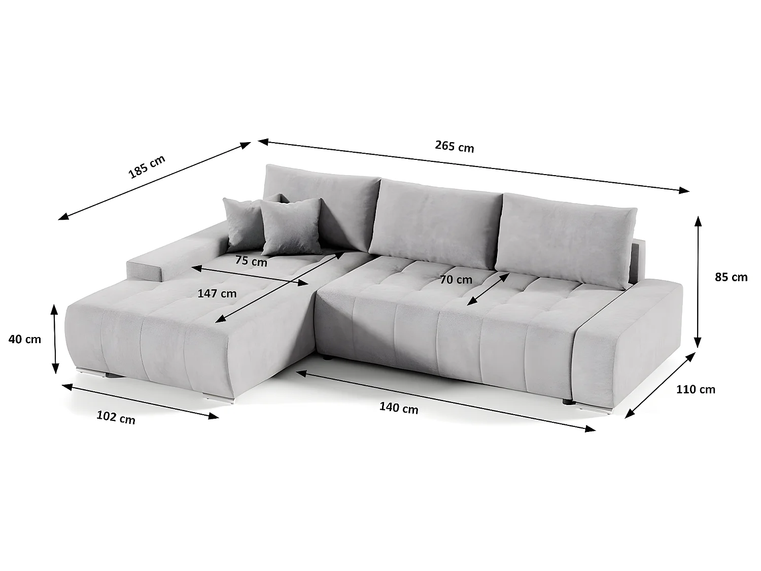 Canapé d'angle convertible gauche 4 places avec coffre Jonas Gris clair