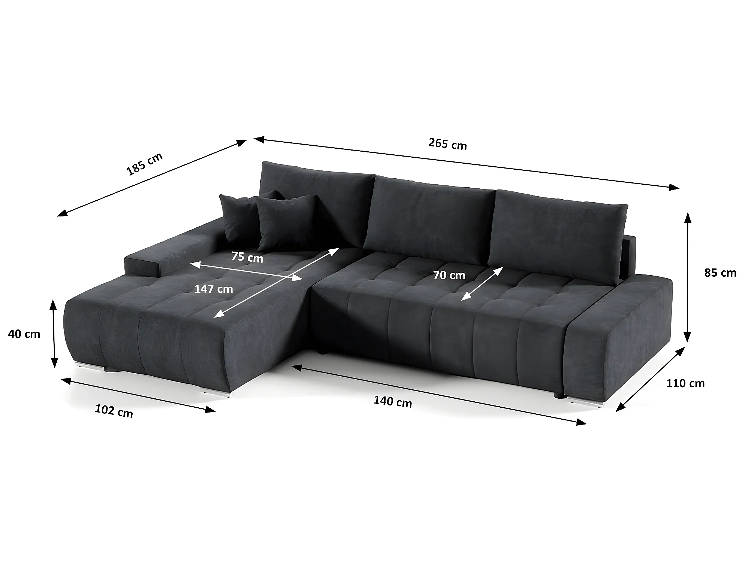 Canapé d'angle convertible gauche 4 places avec coffre Jonas Gris anthracite