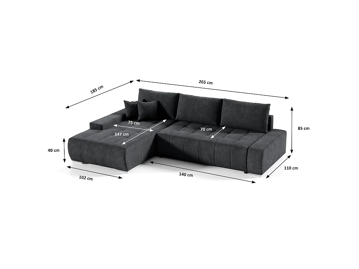 Canapé d'angle convertible 4 places en tissu gris anthracite