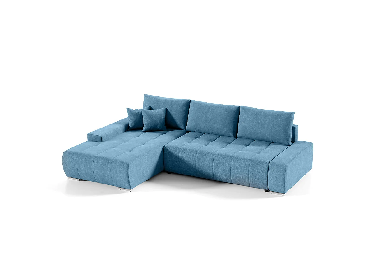 Canapé d'angle convertible 4 places avec coffre en tissu bleu