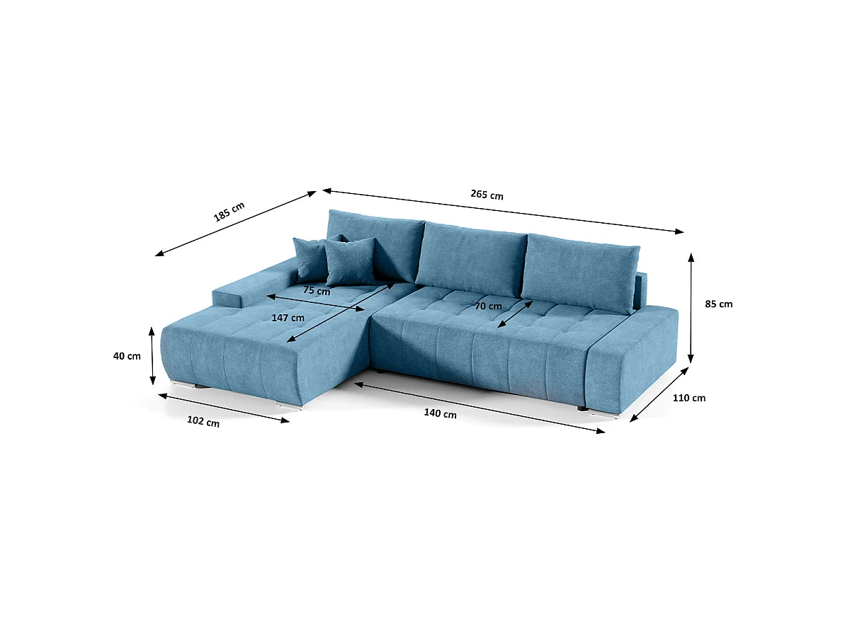 Canapé d'angle convertible 4 places avec coffre en tissu bleu