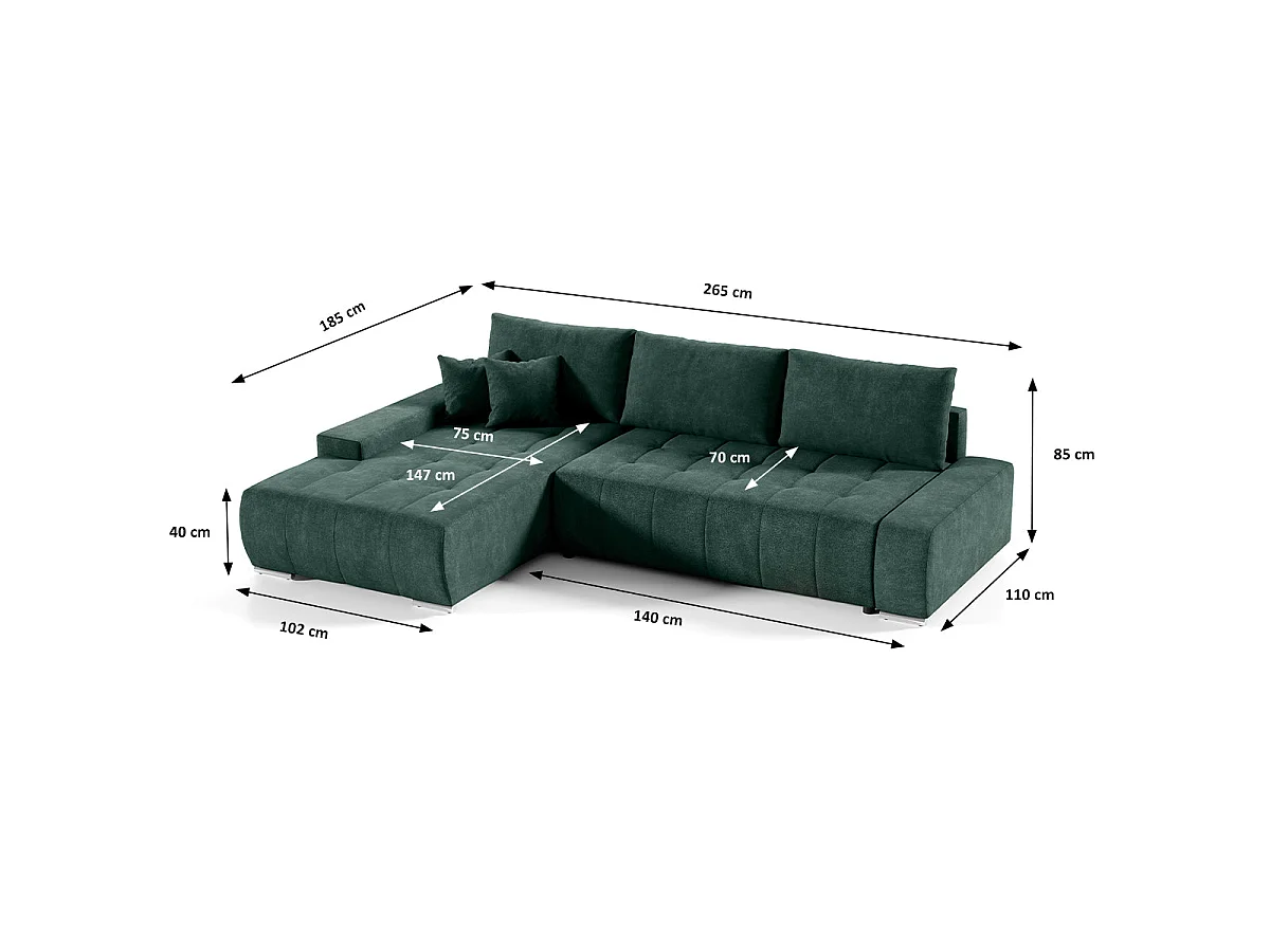Canapé d'angle convertible 4 places avec coffre en tissu vert