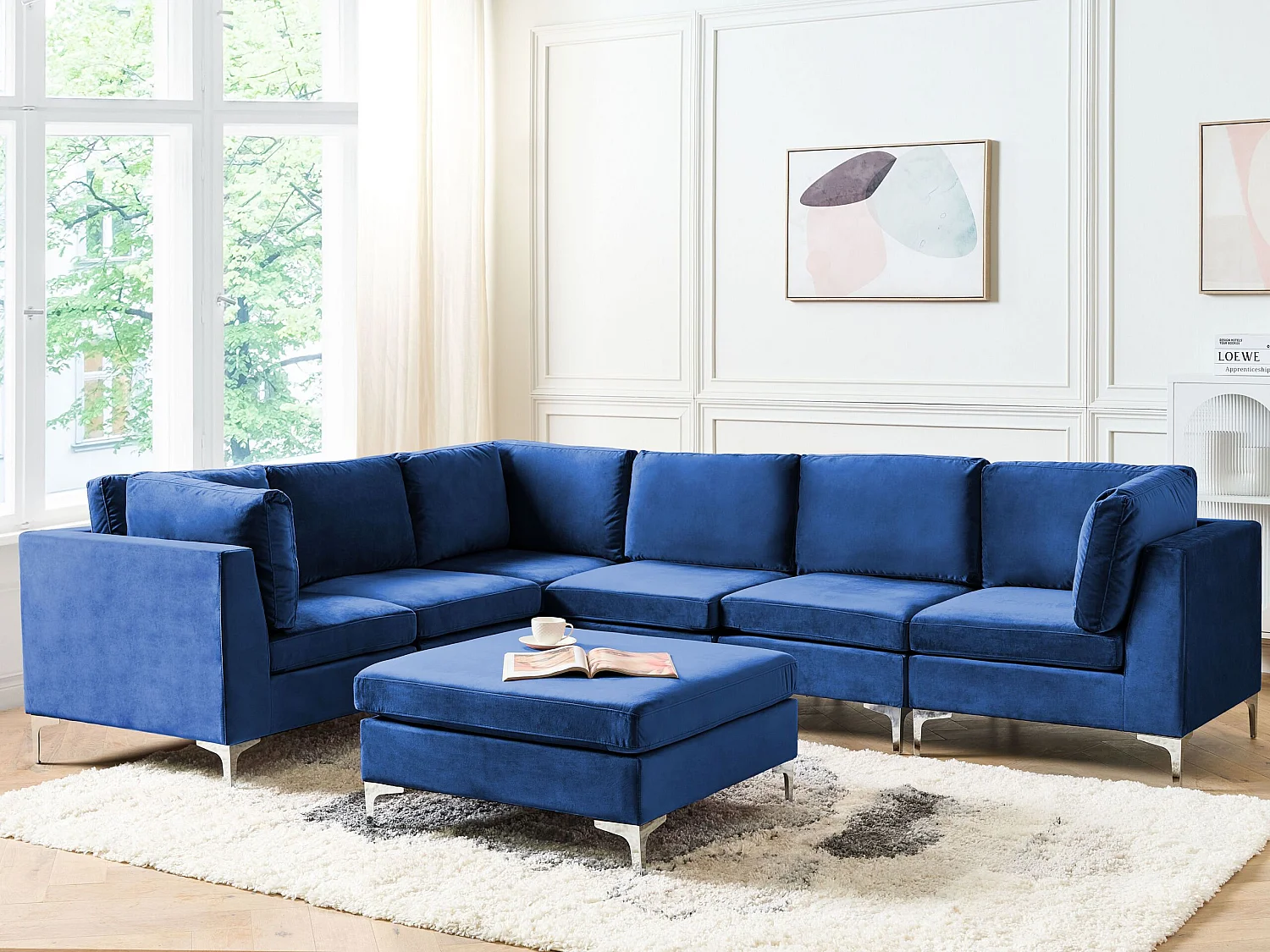 Modulares 6-Sitzer Ecksofa mit Ottomane Samt Blau rechtsseitig Metallbeine Evja