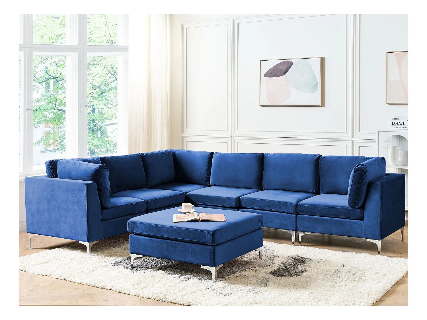 Canapé d'angle modulable 6 places EVJA Velours Bleu marine avec ottoman Côté droit