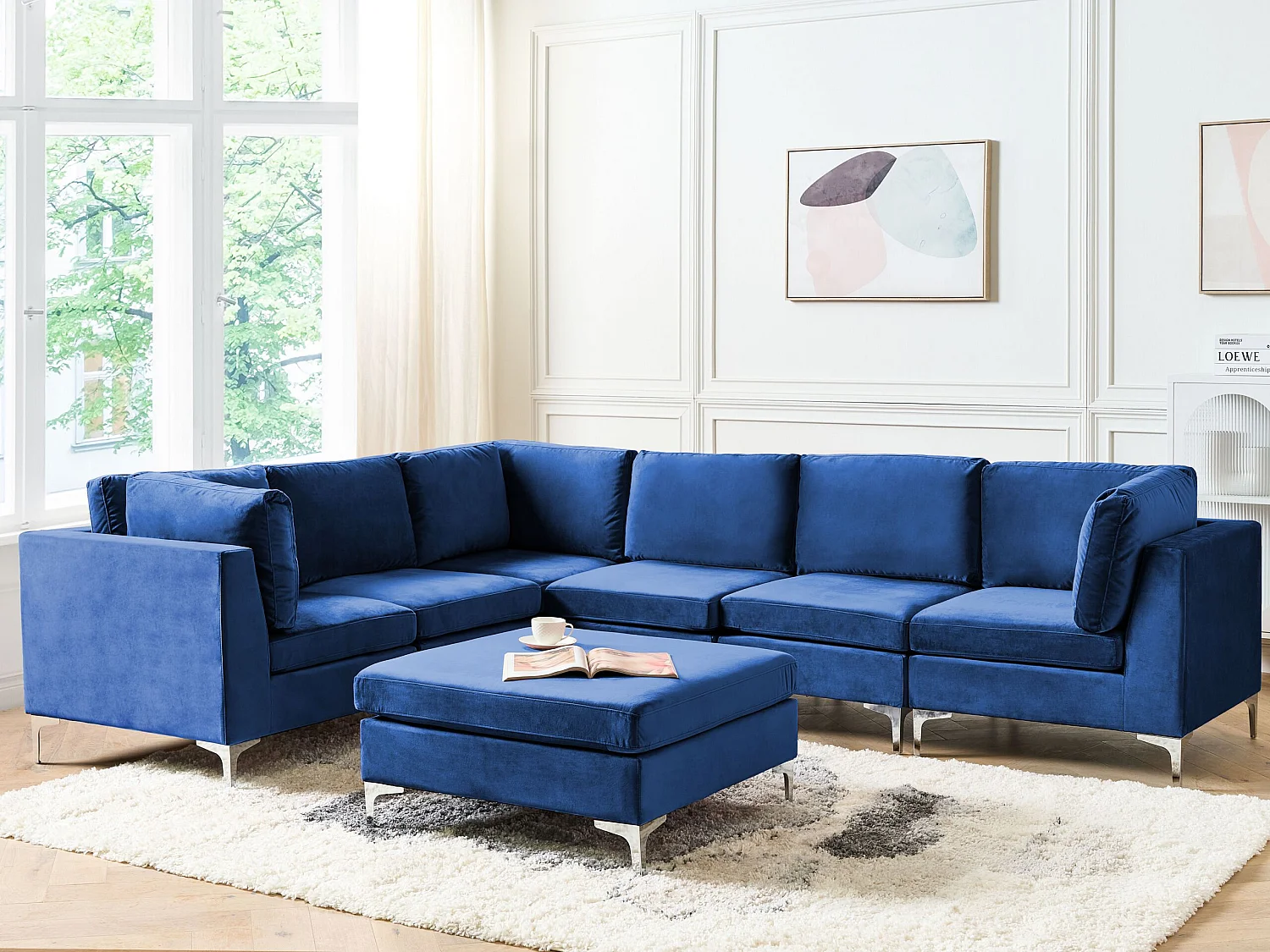 Modul Ecksofa EVJA Samtstoff Marineblau mit Ottomane 6-Sitzer rechtsseitig