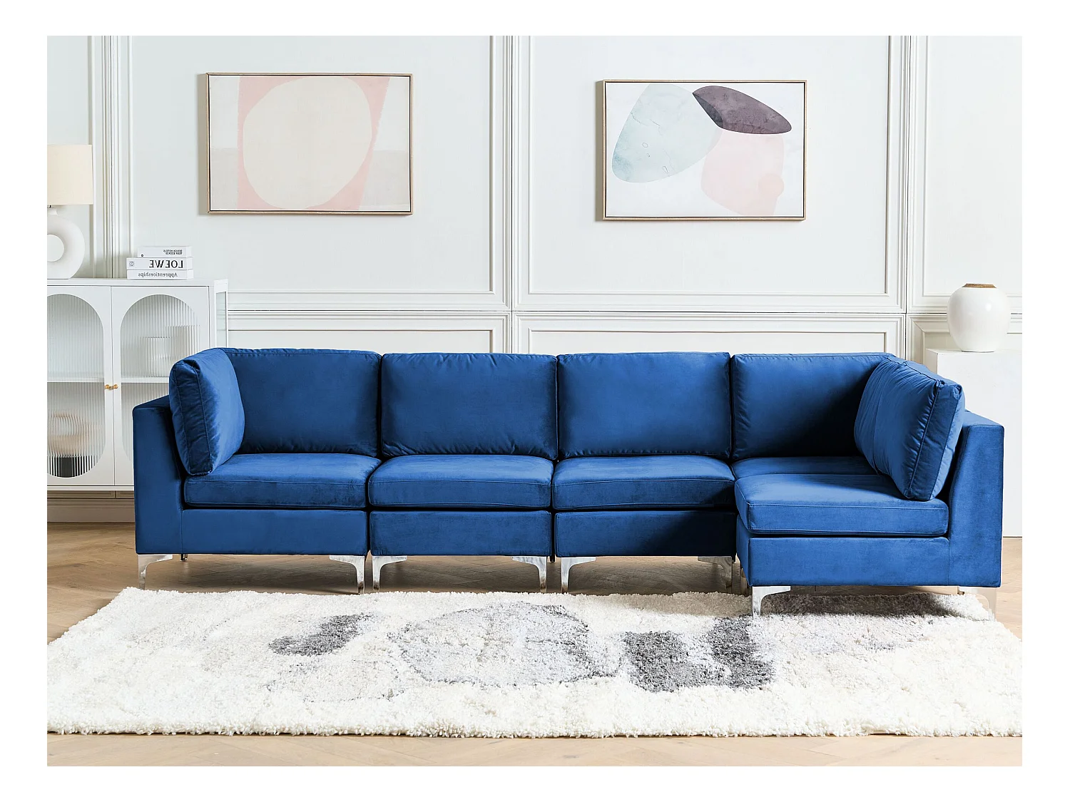 Canapé Modulable droite Bleu Marine et Argenté en Velours 5 Places Glamour Evja