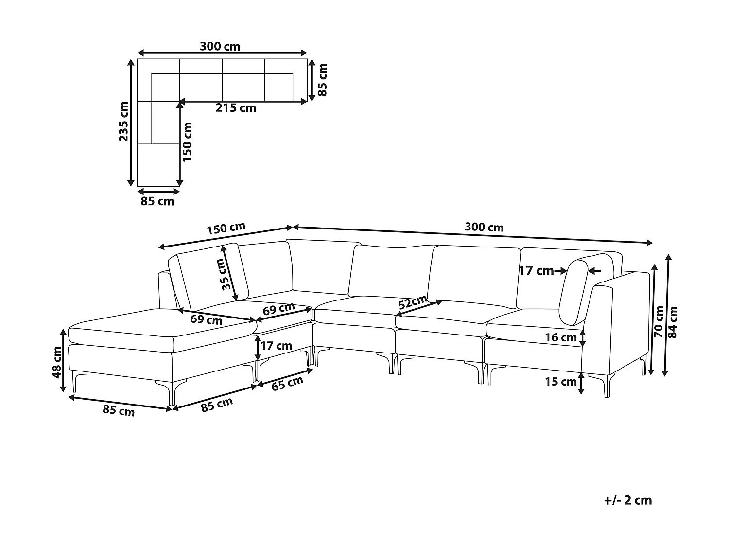 Canapé d'angle modulable 5 places EVJA Velours Bleu marine avec ottoman Côté droit