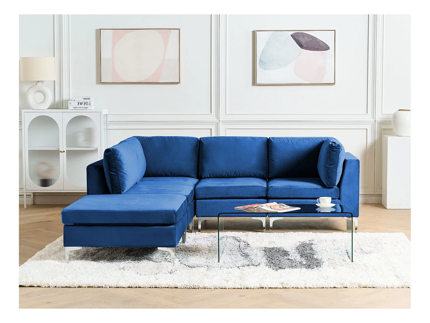 Canapé d'angle modulable 4 places EVJA Velours Bleu marine avec ottoman Côté droit